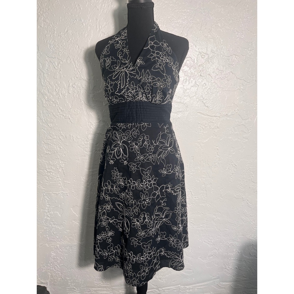 Studio 1940 Black White Floral Embroidered Cotton Halter‎ Dress Womens 6